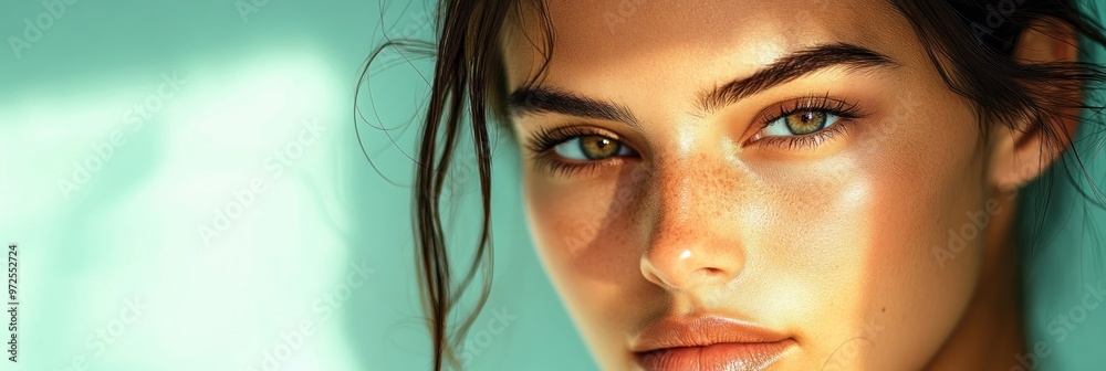 Canvas Prints A close-up portrait of a young woman with striking green eyes and natural makeup.