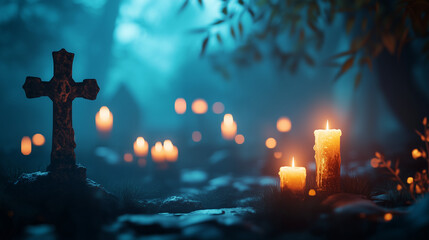Spooky graveyard scene with candles at night, eerie atmosphere, Halloween concept
