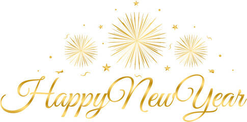 gold lettering - happy new year, gold fireworks, stars, vector, png