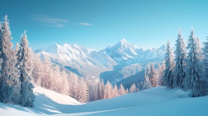 Snowy mountain landscape with pine trees in the foreground.