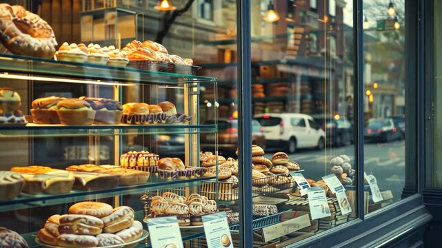Bakery window with tasty buns, pies, bread. Delicious cakes behind glass in cozy coffee shop. Mini cafe ready to open early morning breakfast, no people. Local french cafeteria. Baking place showcase.