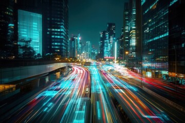 Obraz premium Futuristic Cityscape with Neon Light Trails at Night
