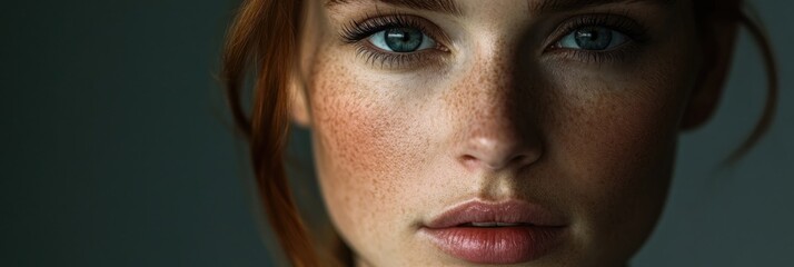Obraz premium Close-up portrait of a young woman with freckles and striking blue eyes.