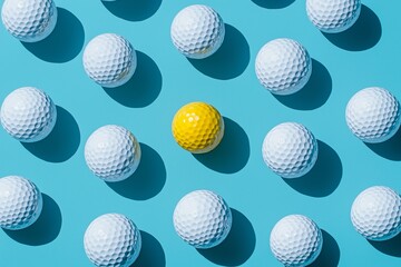 White golf balls and one yellow ball on a blue background 