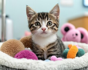 A cute tabby kitten sits in a bed of colorful toys, looking up with big, curious eyes.