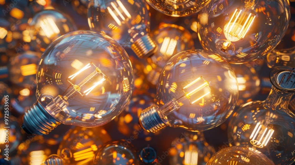 Aufkleber A dazzling collection of bright light bulbs in an intricate pattern, showcasing different shapes and sizes of bulbs. Close-up photo with clean background