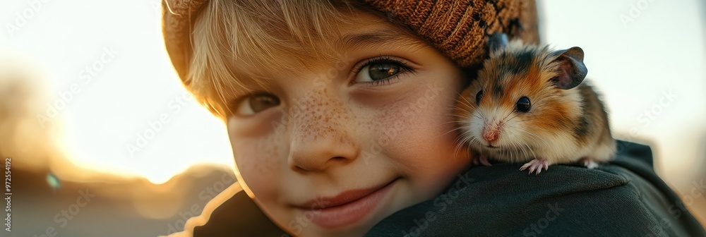 Sticker A smiling child with freckles holds a hamster against a sunset backdrop.