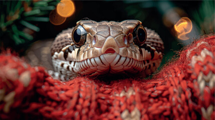 Fototapeta premium Chinese New 2025 year of the snake poster print. Christmas poster with a white snake on a red background. Snake in a Santa Claus hat. Christmas and New Year photo, poster, print.