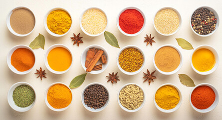 Top view of bowls with different types of herbs and spices placed on the table. Seasonal culinary background for the kitchen