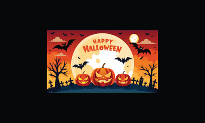 Vector Halloween Scene with Large Full Moon.