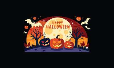 Vector Halloween Scene with Large Full Moon.