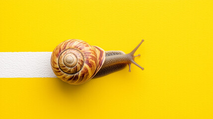 snail drawing a white line by crawling. isolated on yellow background