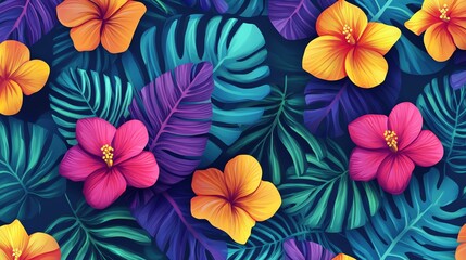 Obraz premium Tropical floral background with vibrant hibiscus flowers and lush foliage.