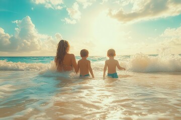 A serene sunset at the beach, featuring a mother and her children playing in the gentle waves, evoking joy and togetherness.