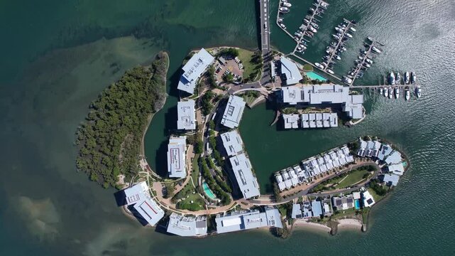 Bird's Eye View Over Ephraim Island In The Suburb Of Paradise Point In The North Of Gold Coast, Australia - Drone Shot