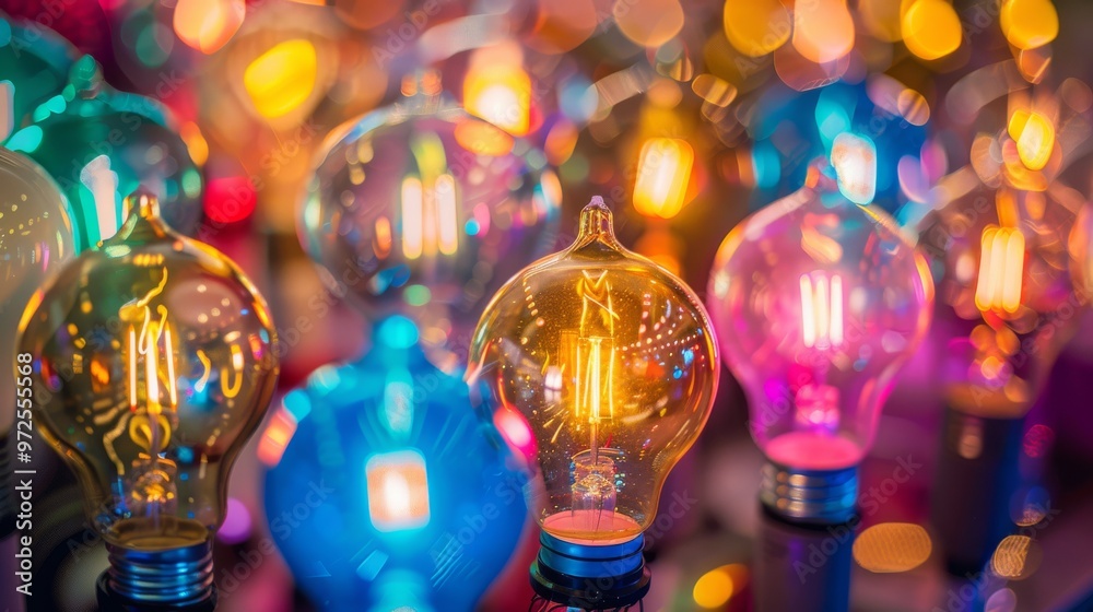Leinwandbilder A dazzling collection of bright light bulbs in an intricate pattern, showcasing different shapes and sizes of bulbs. Close-up photo with clean background