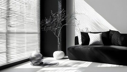 Elegant abstract shadows of tree branches creating a soft overlay on a blurred wall background with blinds