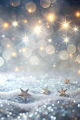Sparkling silver background with stars on snow, christmas, new year, holiday