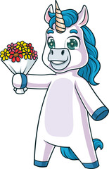 Cute unicorn character holds flower bouquet vector image