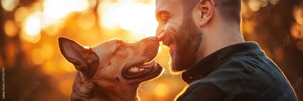 Poster A man and a dog share a joyful moment, highlighting their close bond in a warm sunset.