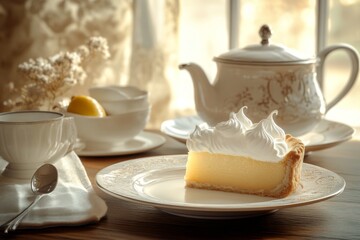 a traditional english tea setting with a slice of lemon meringue pie