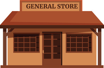 Classic general store front view with wooden porch and large windows