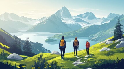 Naklejka premium People exploring nature in the mountains. Hiking, climbing, and adventure tourism concept.