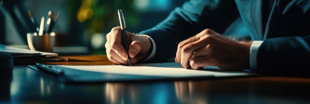A person writing on paper with a pen, surrounded by a desk and office elements.