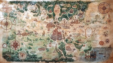 Fototapeta premium Adventure Map: A Detailed Illustration of a Mystical Land Full of Secrets