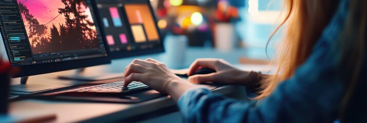 A person using a computer to edit images or design, showcasing creativity and technology.