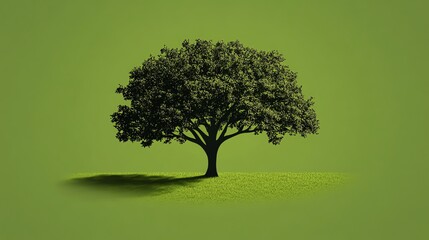 A single tree silhouette stands on a small patch of grass against a green background.
