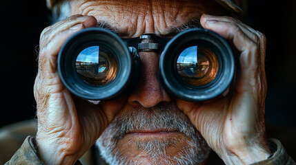Senior Man Peering Through Binoculars with Intense Focus in High-Resolution Close-Up Photography