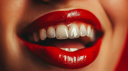 Obraz premium Close-Up of Smiling Woman with Glossy Red Lipstick and White Teeth