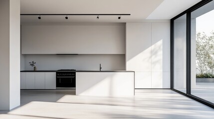 A large kitchen featuring white cabinetry and a black stove, creating a striking contrast in this clean, minimalist design.