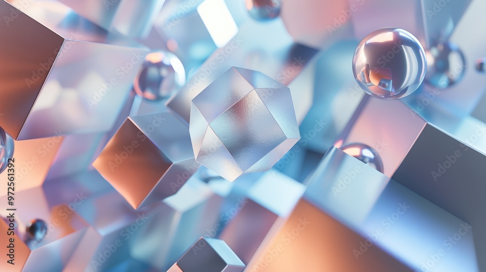 Poster a high-tech abstract wallpaper featuring an arrangement of diverse 3d shapes, including octahedrons 