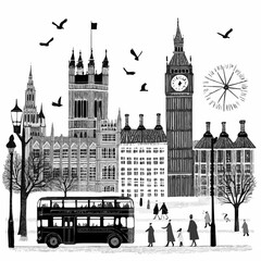 London Landmarks Illustration. Hand-drawn black and white illustration