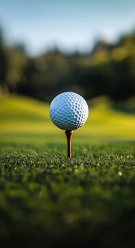 Golf ball on the tee against a green grass background