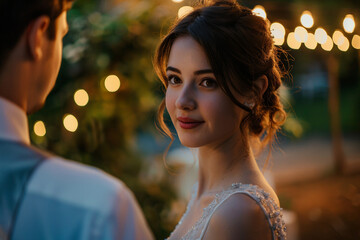 Fototapeta premium Beautiful dramatic scene of romantic dinner happy couple in love celebrating bonding, Generative AI