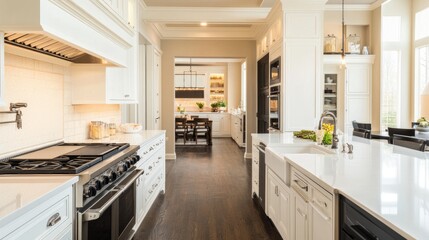 Fototapeta premium A large kitchen with white cabinets, a black stove, and sleek countertops, blending modern design with a clean, elegant look.