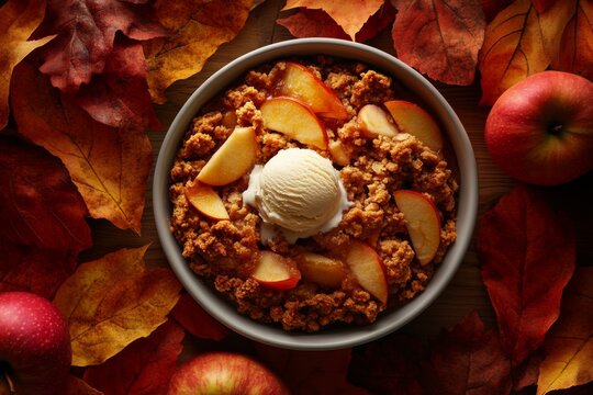 a warm and inviting apple crisp with a scoop of vanilla ice cream, surrounded by fall leaves