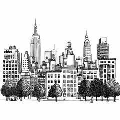 Fototapeta premium New York Urban Skyline with Yellow Cab. Hand-drawn black and white illustration.