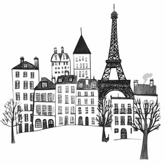 Fototapeta premium Paris Street Scene with Eiffel Tower Illustration. Hand-drawn black and white illustration