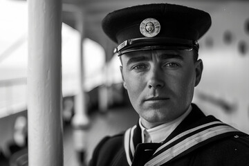 Obraz premium Ship captain steering boat on the ocean generative AI
