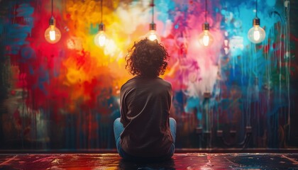 mental health, woman is sitting with back on colorful background, inner life concept