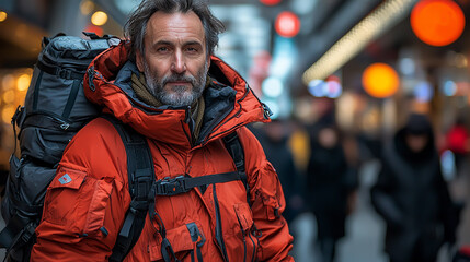 Fototapeta premium Outdoor Enthusiast in Vibrant Winter Gear Exploring Urban Environment