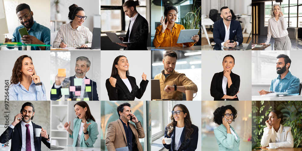 Poster a group of professionals are immersed in different work-related tasks within a contemporary office e