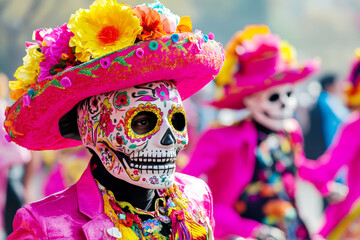 Man in a traditional costume celebrating Dia de los muertos in the street. He is wearing a orange hat, a calavera mask and a pink suit. Festival celebration and Mexican culture and tradition concept.