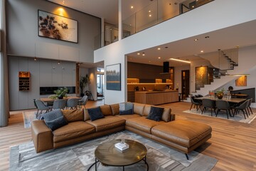 Modern Luxury Open-Concept Living Room with Stylish Kitchen and Dining Area