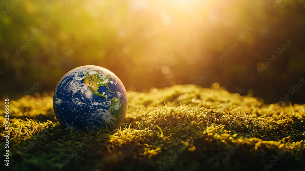 Poster small world on moss shines in the morning light, representing optimism for a sustainable future in t