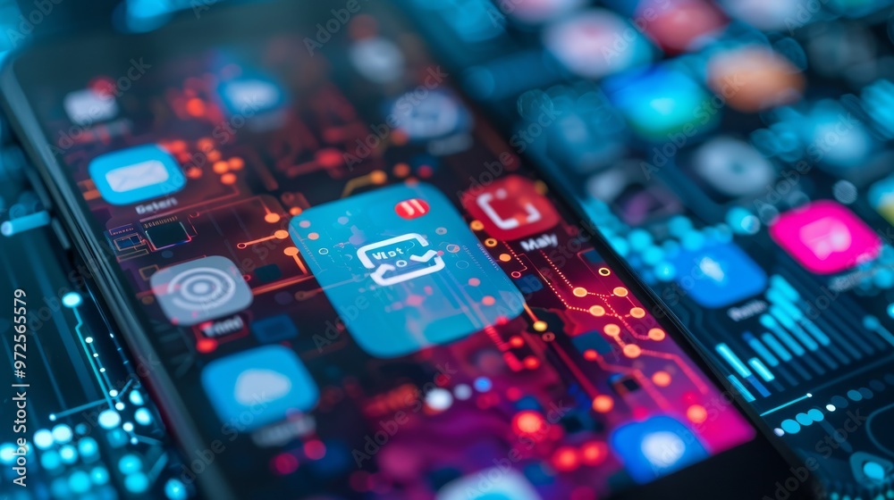 Aufkleber A mobile phone with a prominent cybersecurity app interface, featuring real-time threat monitoring and secure browsing options Close-up photo with clean background